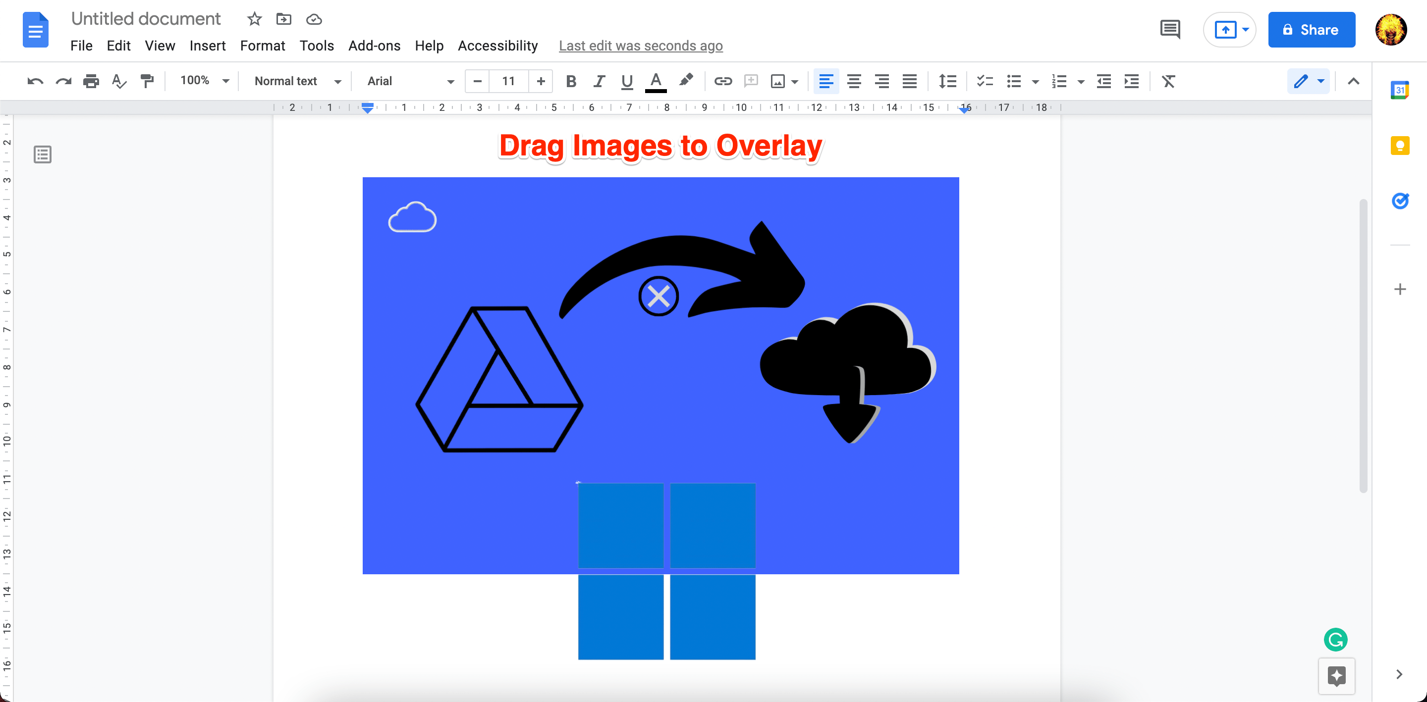 successfully overlapped two images in google docs using warp text